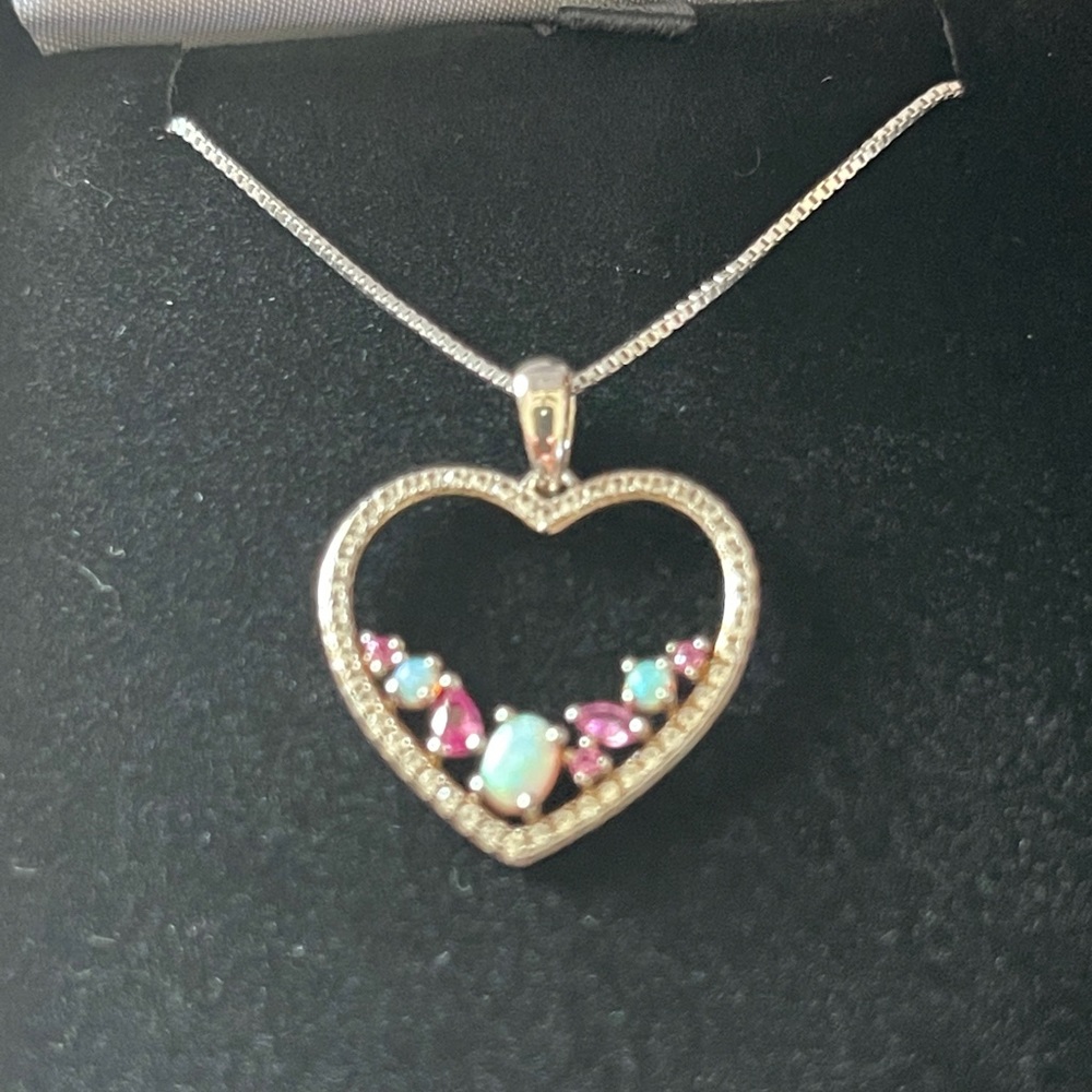 Sterling silver necklace with diamond, opal and ruby sapphires